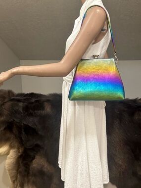 Metallic Rainbow Iridescent Leather Handmade Push Lock Boxy Bag & 2 Straps